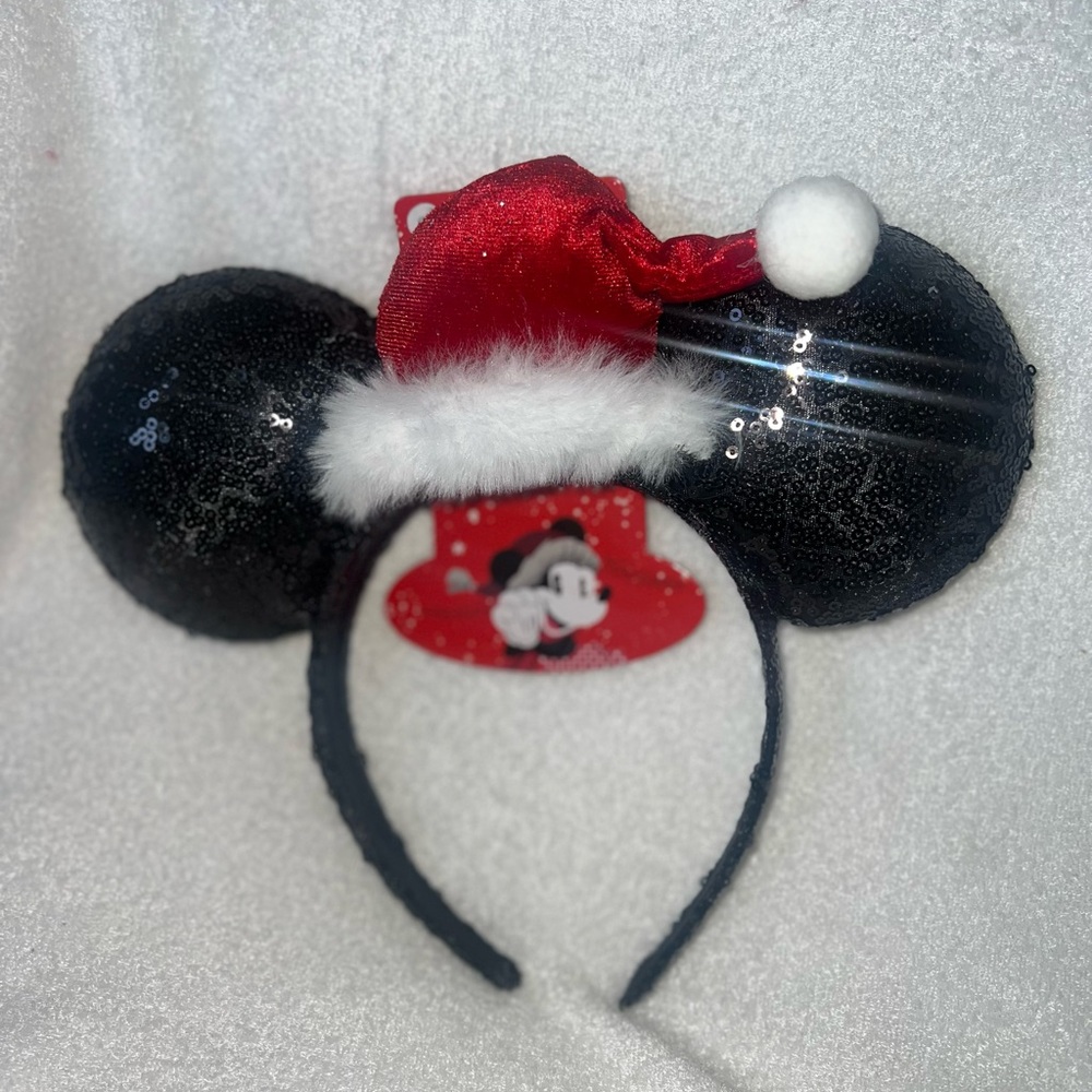 Black Sequin Mouse Ears with Red Santa Hat